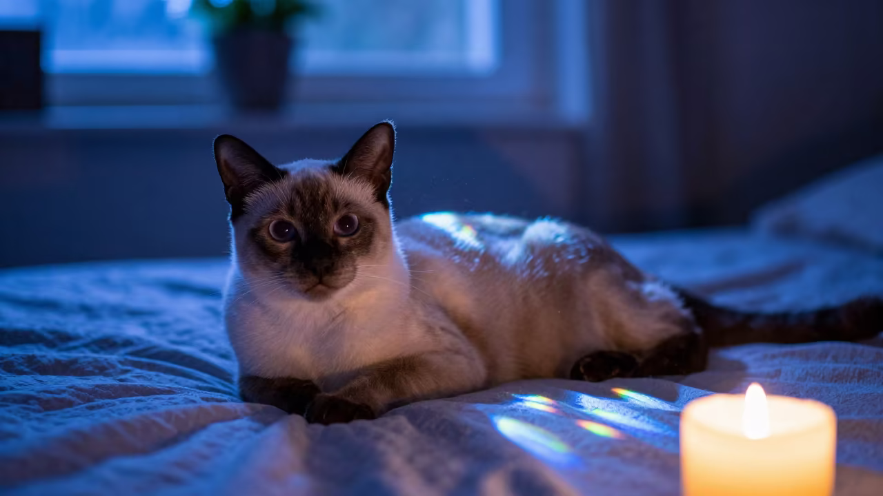 Birman Cat Lounging in Neon Reflected Light in on a bedspread near a bright window with calm indoor light near Cienfuegos