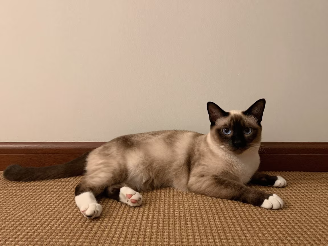 Birman Cat Lounging Indoors on Woven Rug in on a woven rug beside a low couch and an uncluttered wall in Nanchang