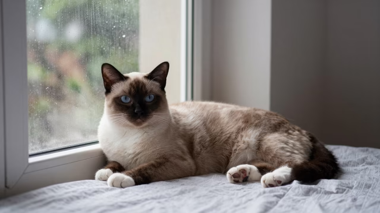 Birman Cat Lounging on Bedspread Near Window in on a bedspread near a bright window with calm indoor light in Shenzhen