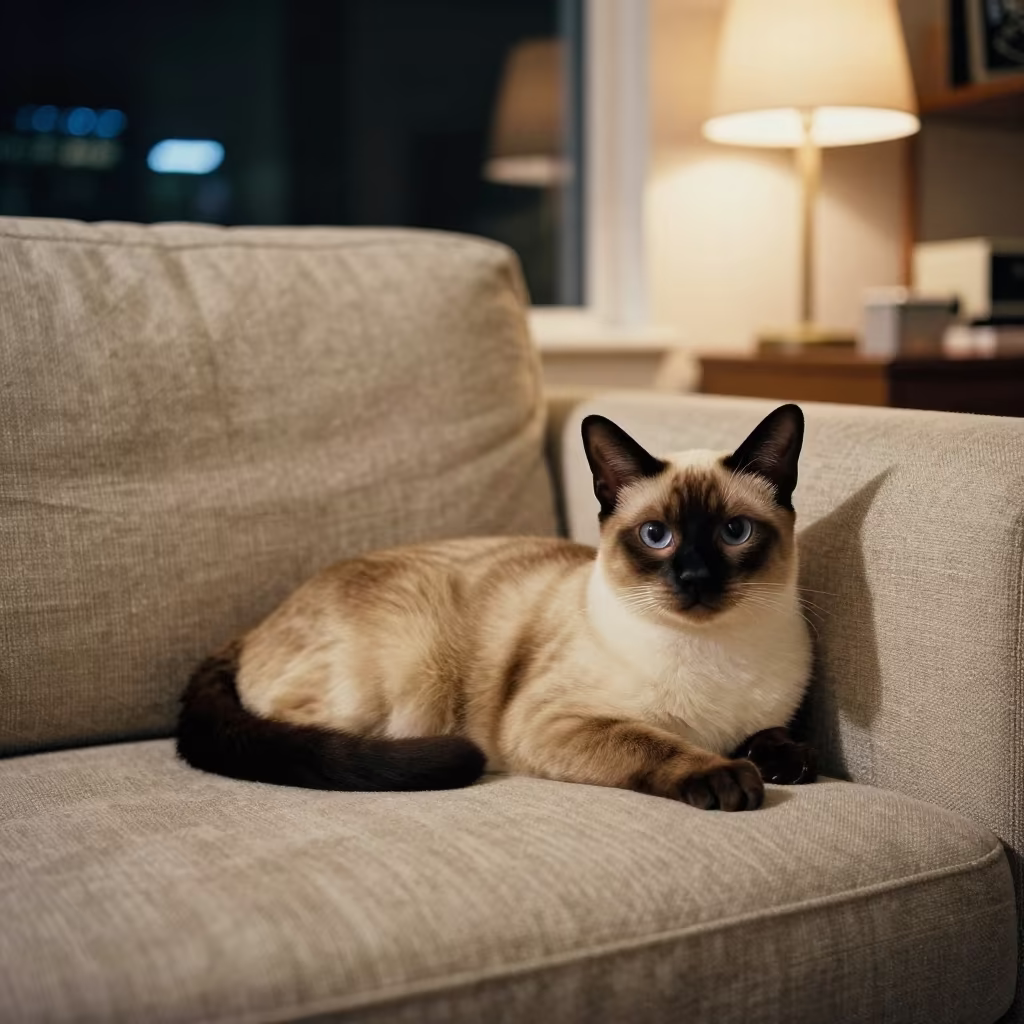 Birman Cat Lounging on Linen Sofa in Beira in on a linen sofa with daylight from a nearby window in Beira