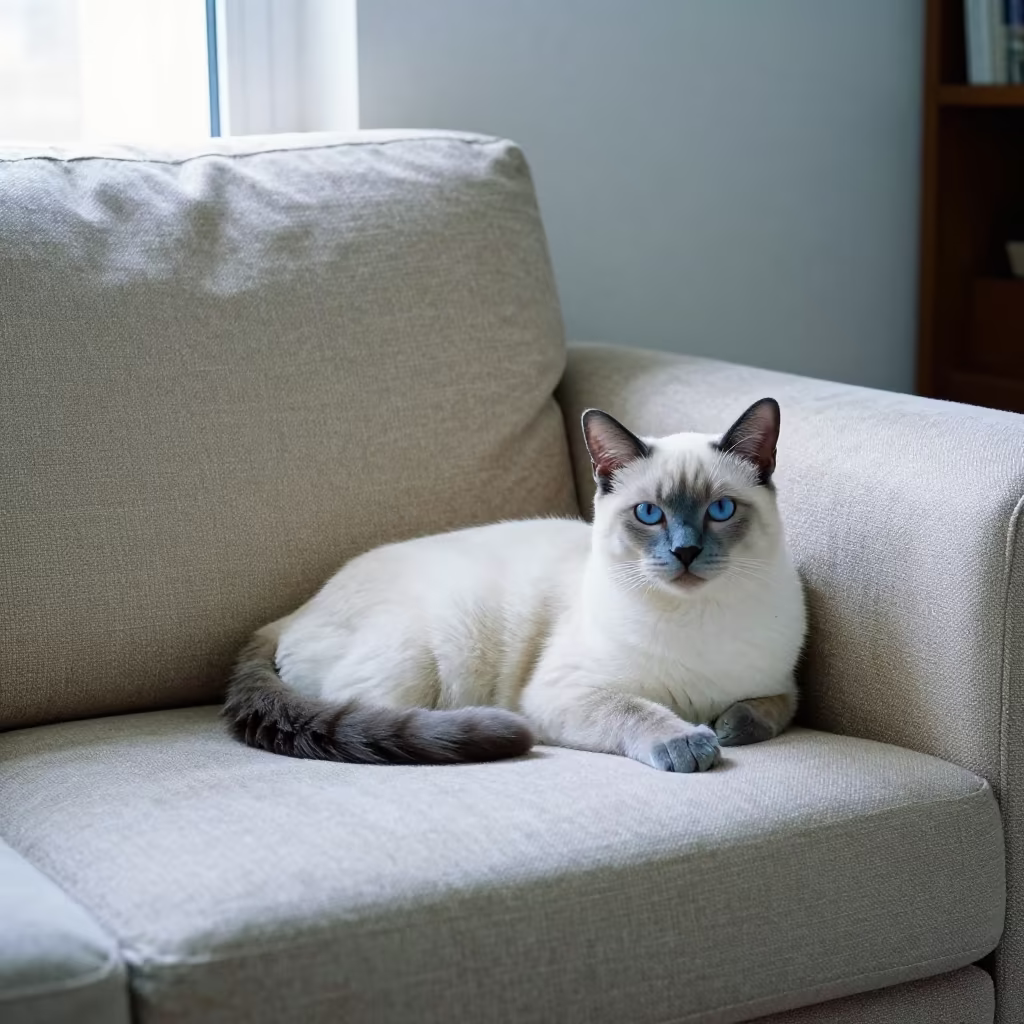 Birman Cat Lounging on Linen Sofa in Casablanca in on a linen sofa with daylight from a nearby window near Maarif, Casablanca