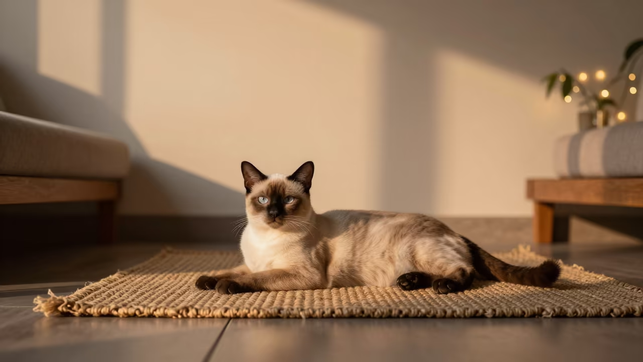 Birman Cat Lounging on Woven Rug in Prayagraj Home in on a woven rug beside a low couch and an uncluttered wall in Prayagraj
