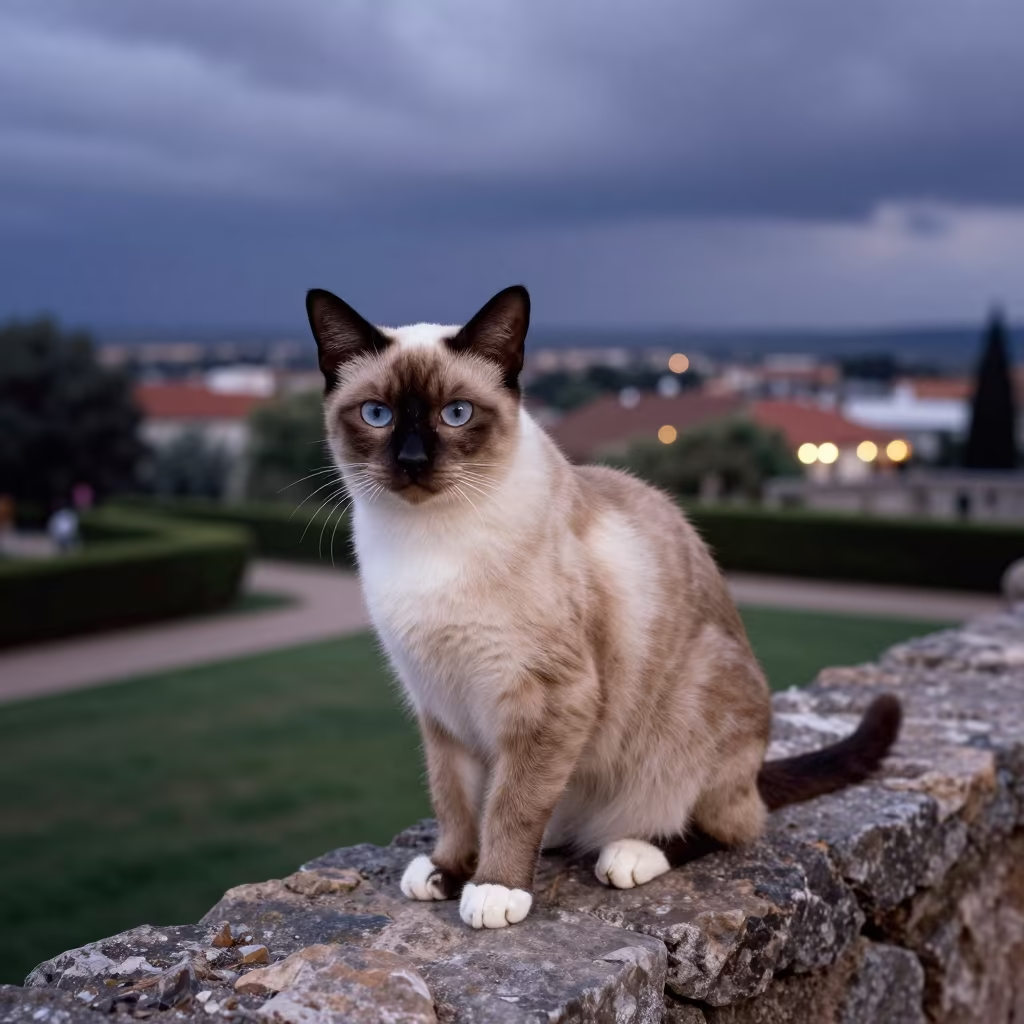 Birman Cat on Asuncion Courtyard Wall Twilight in in a small yard with clipped grass, calm light, and the animal centered in frame in Asuncion