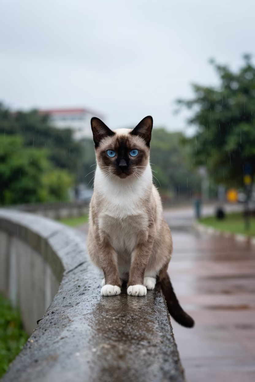 Birman Cat on Courtyard Wall in Yangon in along a quiet park path with soft open shade and a clean background near Downtown, Yangon