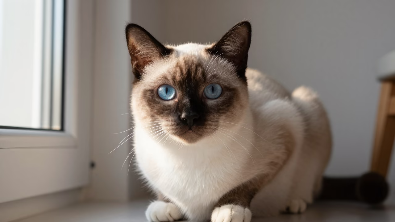 Birman Cat Portrait in Soft Window Light in in a quiet portrait studio with a plain backdrop and eye-level framing near Jaramana