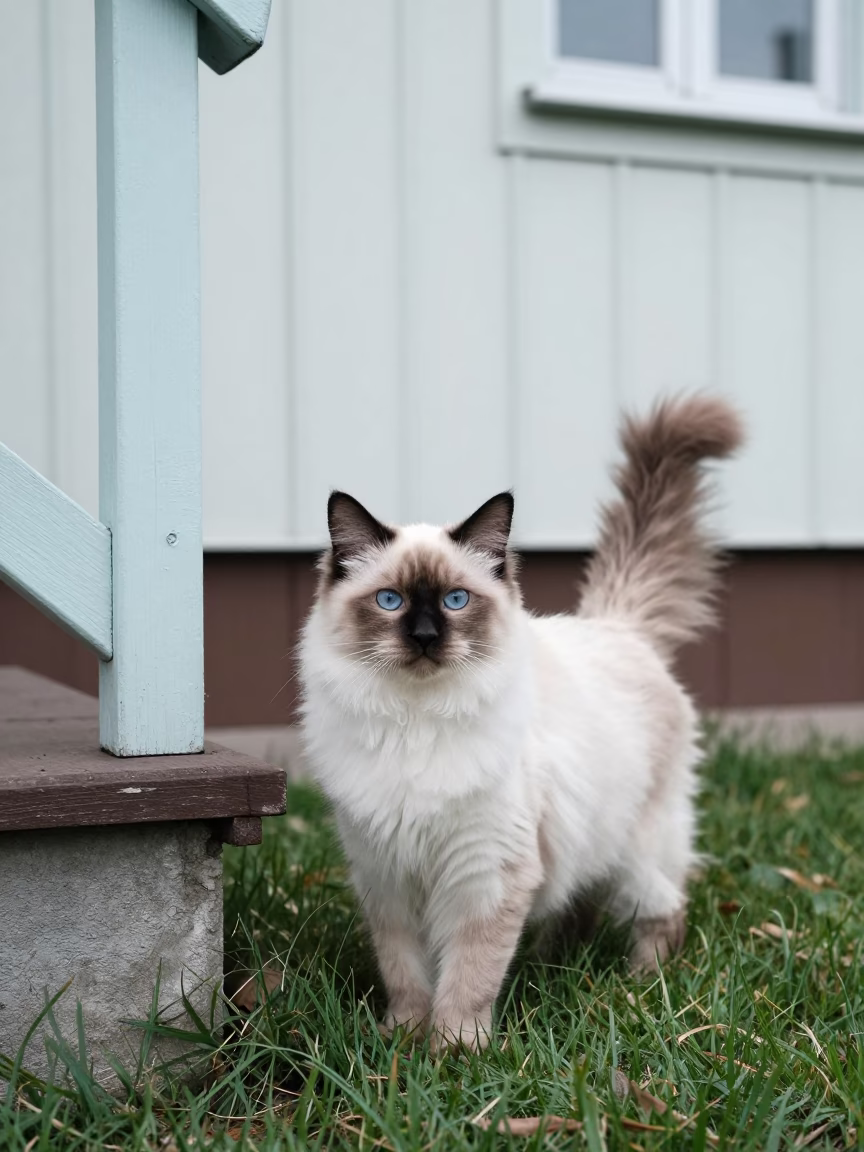 Birman Cat Portrait in Turku Small Yard in in a small yard with clipped grass, calm light, and the animal centered in frame near Turku
