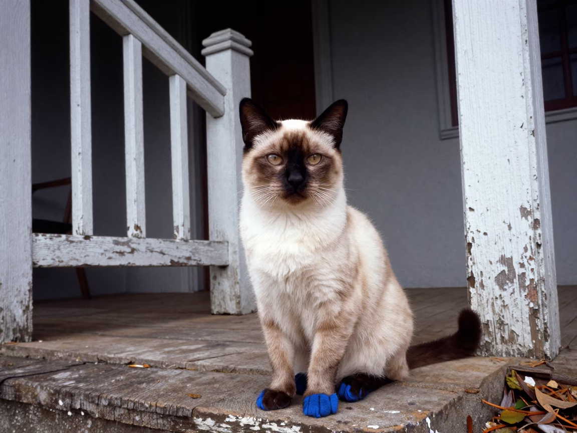 Birman Cat Portrait on Shaded Campinas Porch in on a shaded front porch with boards, railings, and eye-level framing in Campinas