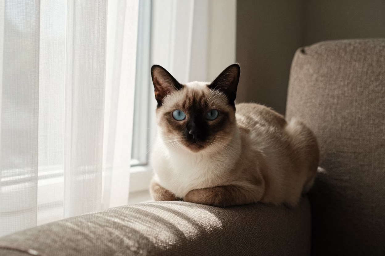 Birman Cat Portrait on Sofa in Mbale Window Light in on a sofa near a curtained window with calm indoor light in Mbale