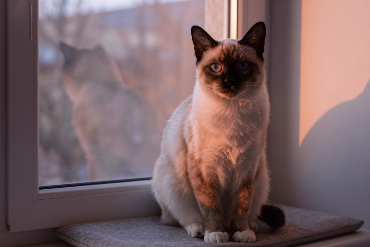 Birman Cat Portrait on Window Seat in Azaz in on a cushioned window seat with soft side light and an uncluttered background near Azaz
