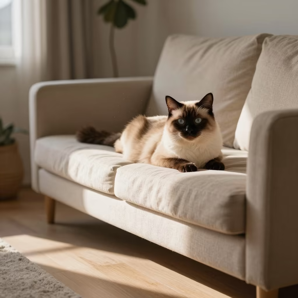 Birman Cat Resting on Linen Sofa in Christchurch Dawn in on a linen sofa with daylight from a nearby window near Christchurch