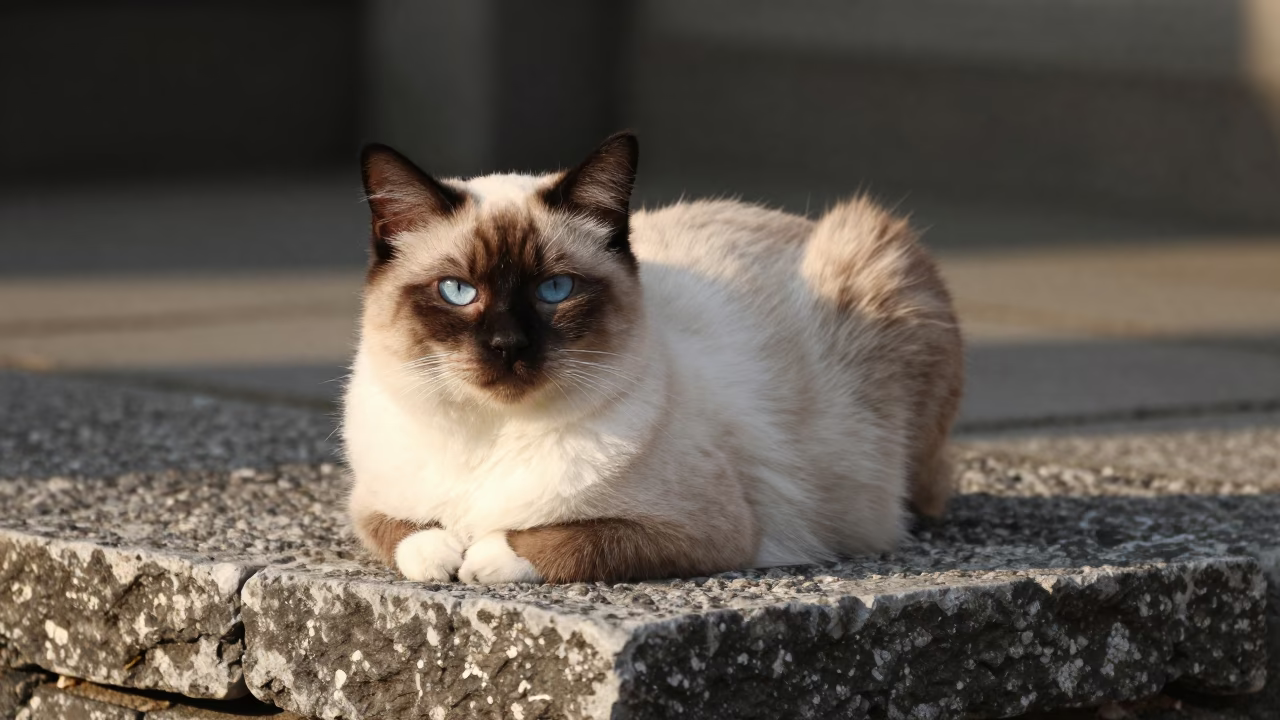 Birman Cat Sitting on Stone Slab in Tainan Taiwan Early Afternoon in in Tainan, Taiwan