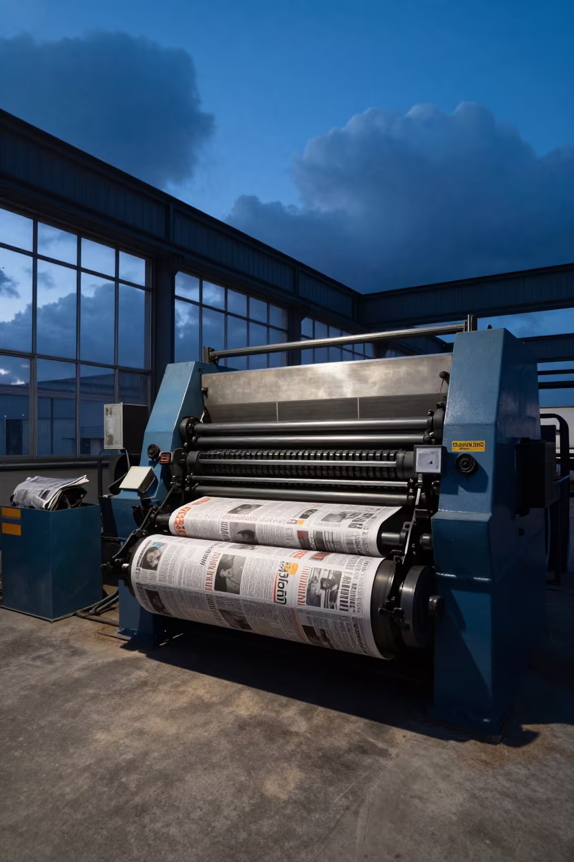 Birmingham Printing Press Rolling News at Blue Hour in on a factory floor near Birmingham