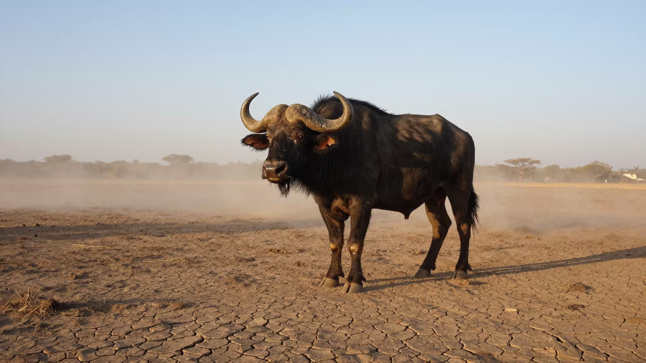 Bison Bull on Niger Ridge at Sunrise in on a wind-scoured ridge in Niger