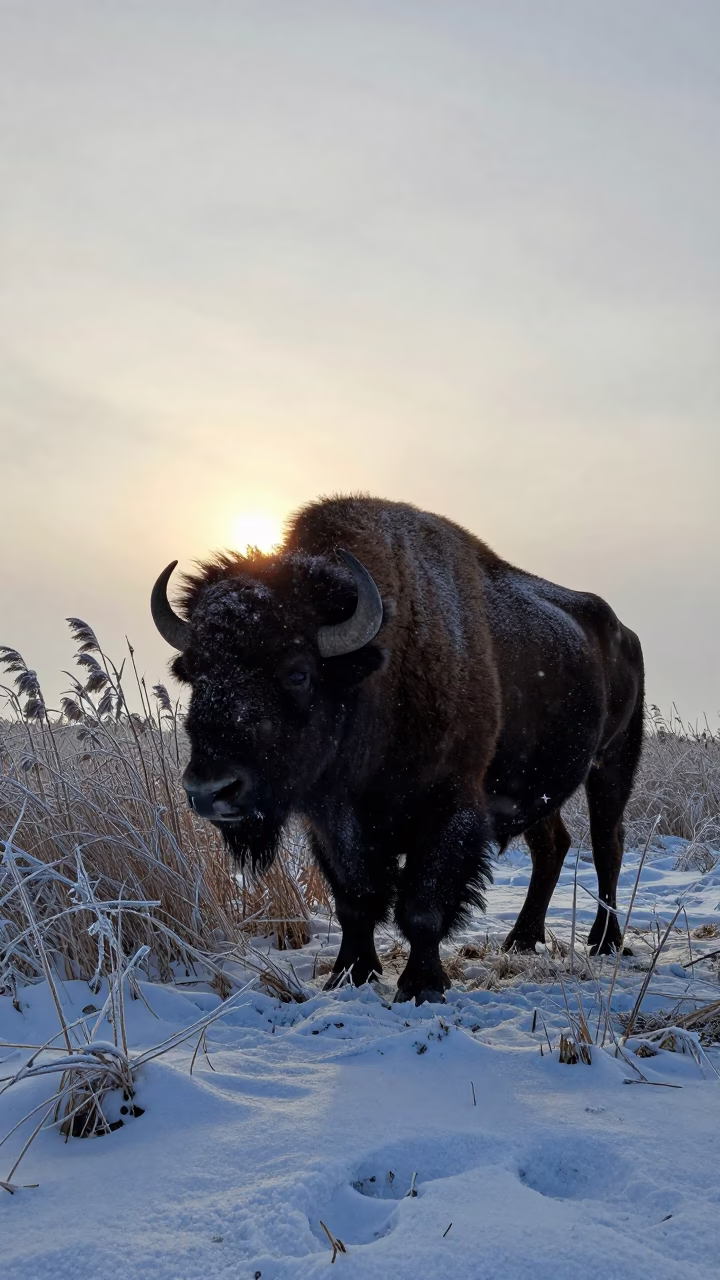 Bison Bull Silhouette in Snowstorm at Durban Reed Bed in at the edge of a reed bed near Durban