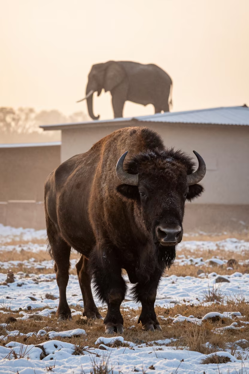 Bison Bull Snowstorm Rooftop Elephant Colombia in beside a tidal inlet in Colombia
