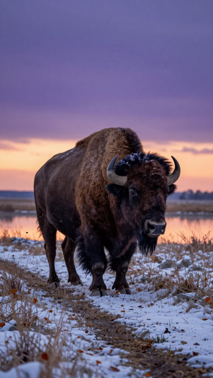 Bison Bull in Snowstorm Twilight Azerbaijan in along a game trail in Azerbaijan
