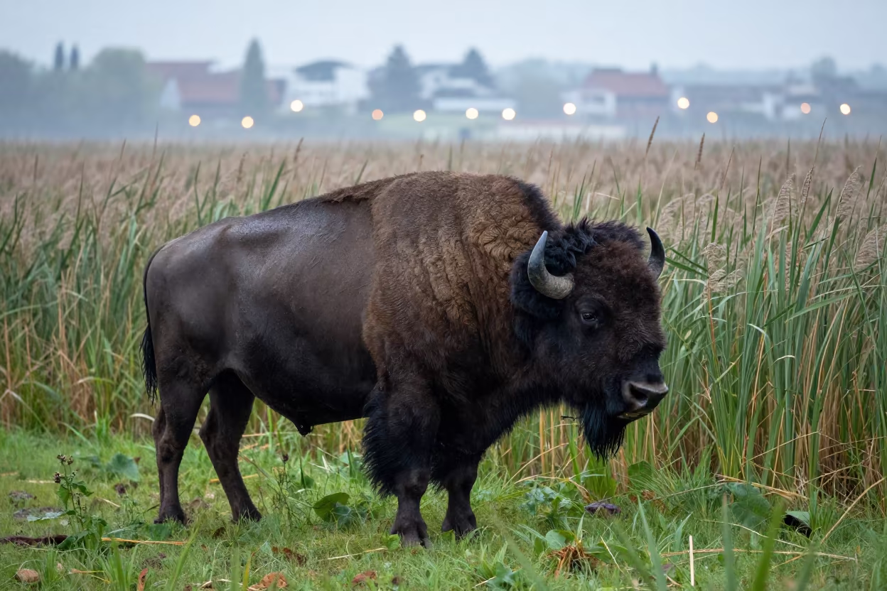 Bison Bull in Summer Drizzle Near Salerno in at the edge of a reed bed near Salerno