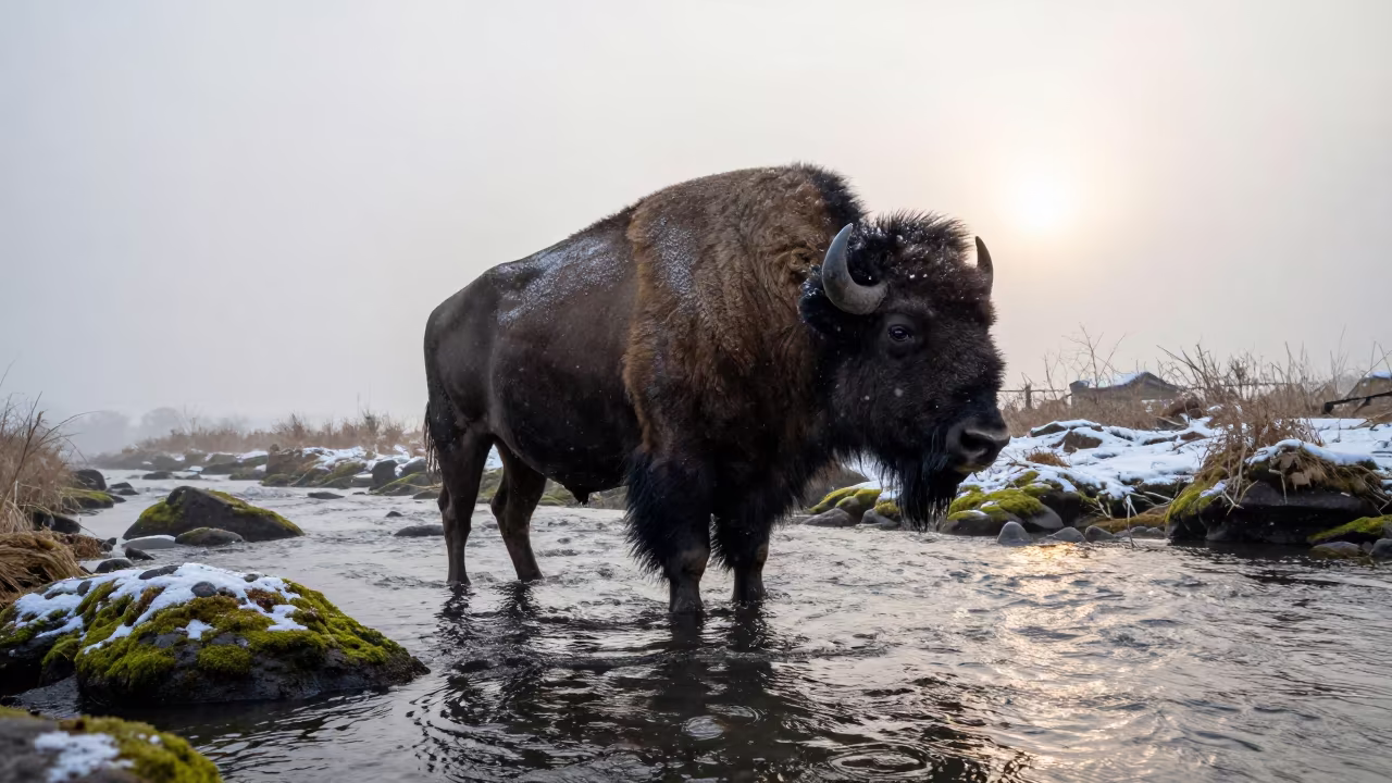 Bison in Snowstorm Benin Wet Season in above a glacial stream in Benin
