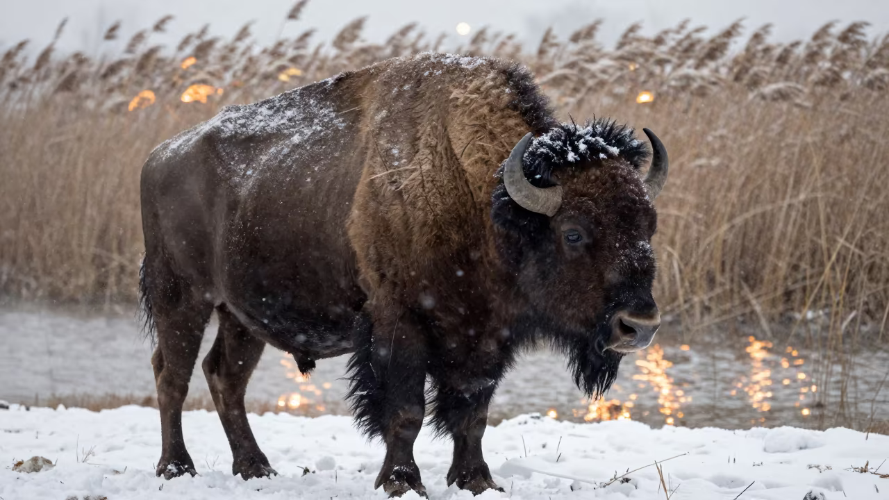 Bison in Snowstorm Near Ramadi Reed Bed in at the edge of a reed bed near Ramadi