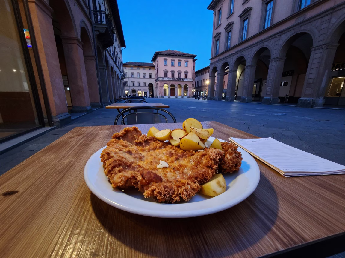 Bistro Table with Schnitzel and Ledger at Blue Hour in Bologna Italy in in Bologna, Italy