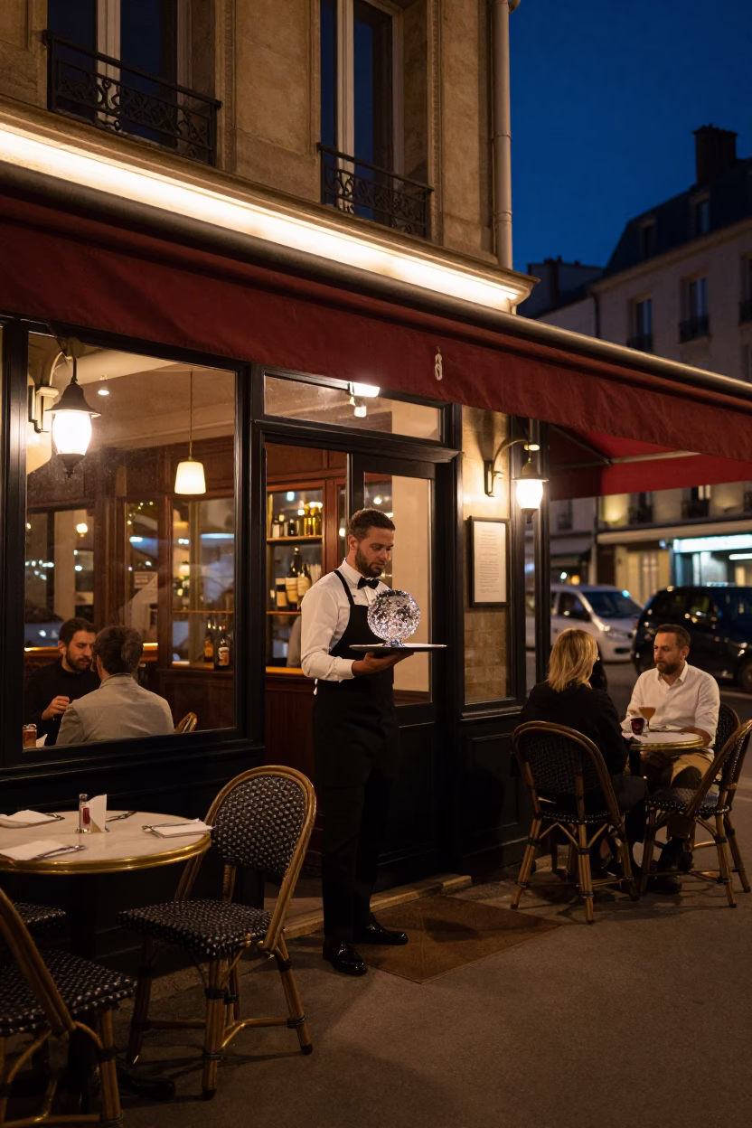 Bistro Terrace in Lyon at Midnight Light in in Lyon, France