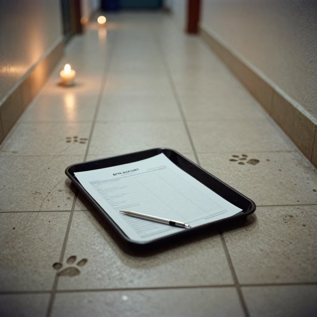 Bite Report Form on Kennel Floor in in a boarding kennel corridor in Maroua