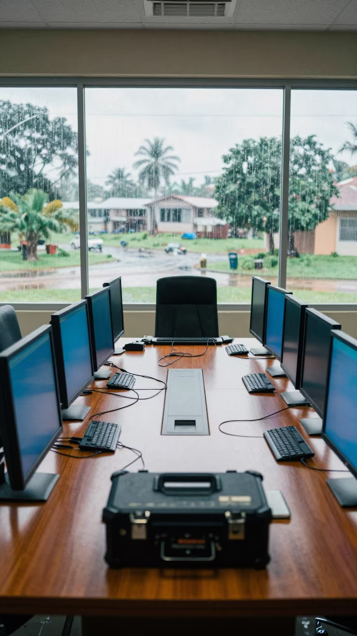 Black Adapter Case on Mahogany Table in Yola in in an operations center under monitor glow near Yola