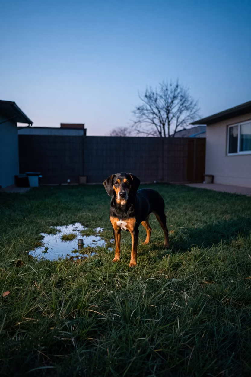 Black and Tan Coonhound in Delhi Yard Twilight in in a small yard with clipped grass, calm light, and the animal centered in frame in Delhi