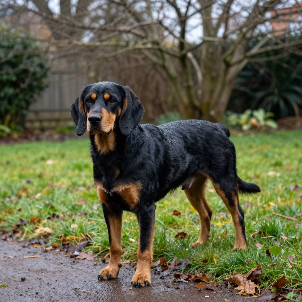 Black and Tan Coonhound in Dublin Winter Garden in near a garden edge with soft morning light and an uncluttered background near Portobello, Dublin