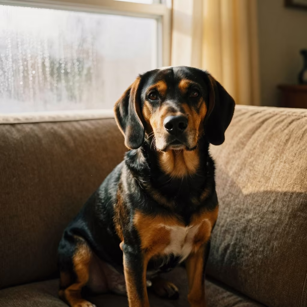 Black and Tan Coonhound in Evening Sofa Portrait in on a sofa near a curtained window with calm indoor light in La Victoria