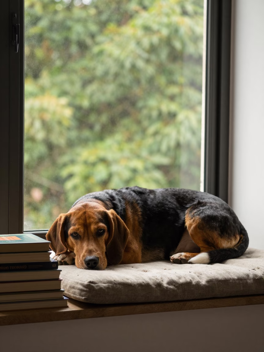 Black and Tan Coonhound on Porto Alegre Window Seat in on a window seat in a quiet apartment with soft side light in Porto Alegre