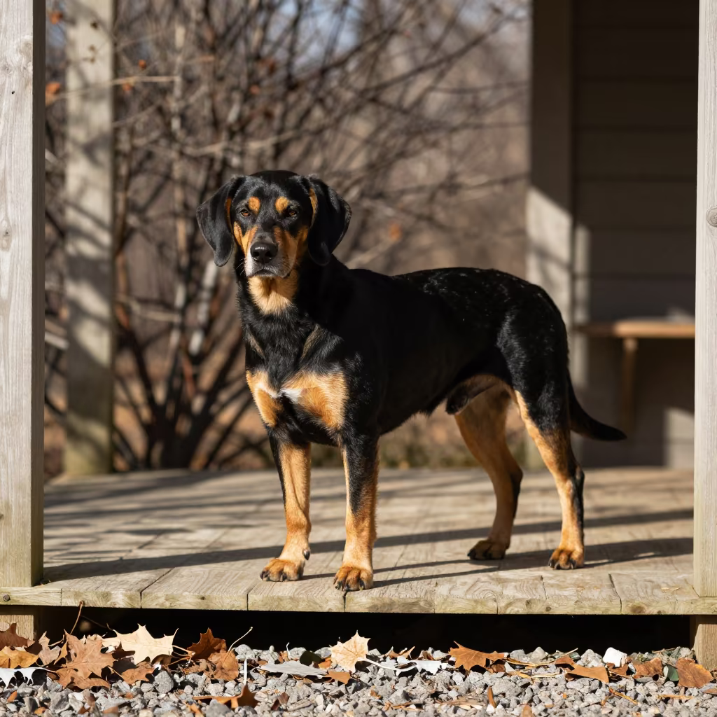 Black and Tan Coonhound on Shaded Nawa Porch in on a shaded front porch with boards, railings, and eye-level framing near Nawa