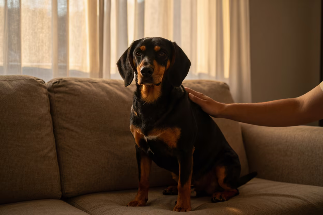 Black and Tan Coonhound Portrait in Hue Monsoon Light in on a sofa near a curtained window with calm indoor light in Hue