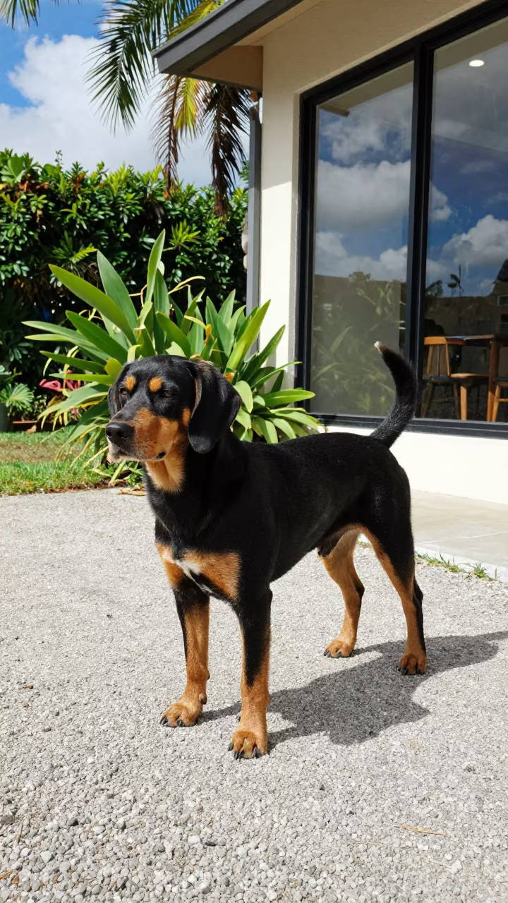 Black and Tan Coonhound Portrait Morning Light in near a garden edge with soft morning light and an uncluttered background near 6th of October