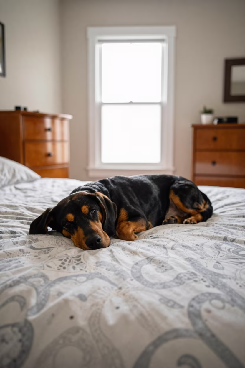 Black and Tan Coonhound Resting on Bedspread in on a bedspread near a bright window with calm indoor light in Shinsekai, Osaka