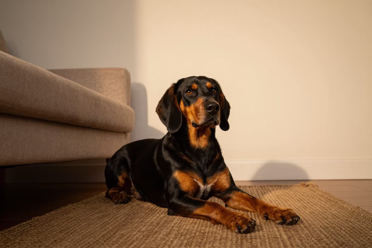 Black and Tan Coonhound Resting on Woven Rug in Harlem in on a woven rug beside a low couch and an uncluttered wall in Harlem, New York