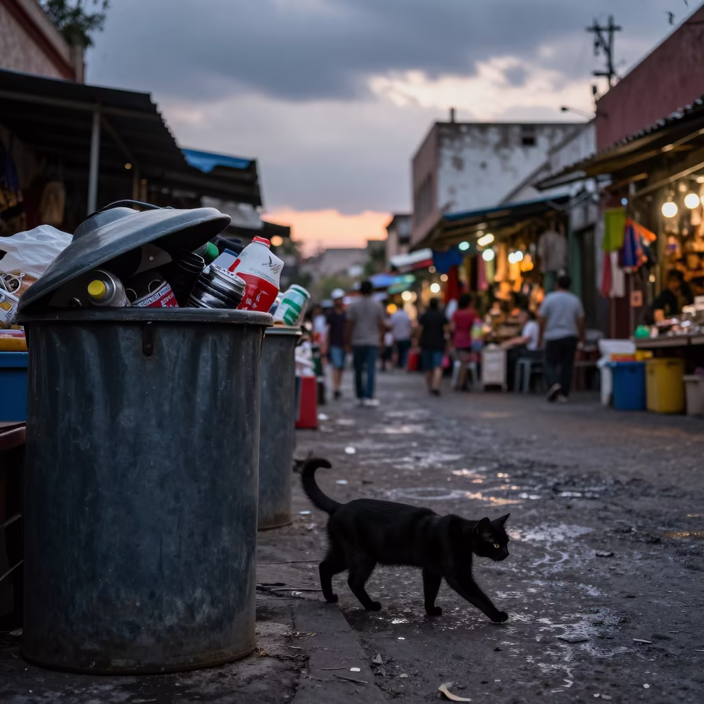 Black Cat Slinking Past Trash Cans in Puebla in along a market-lined side street in Puebla