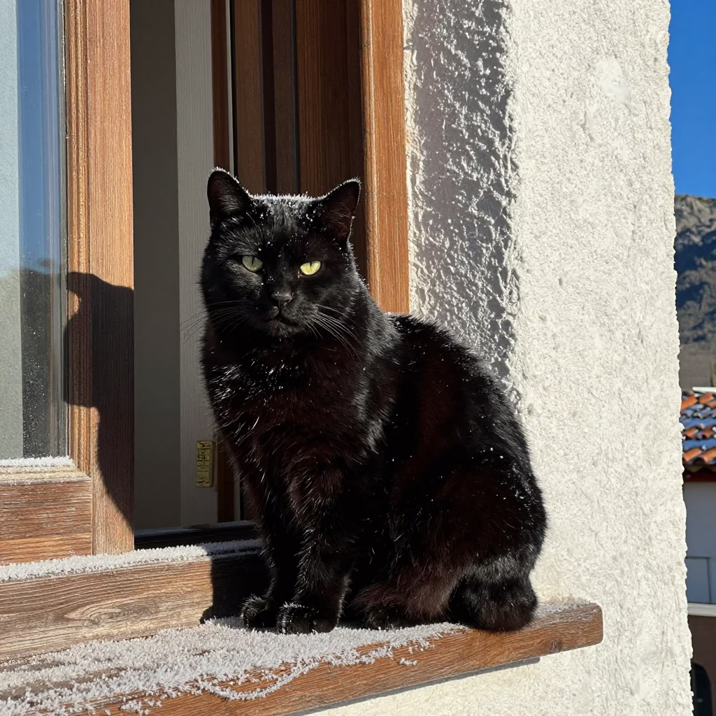 Black Cat on Spanish Windowsill Noon Frost in in Spain