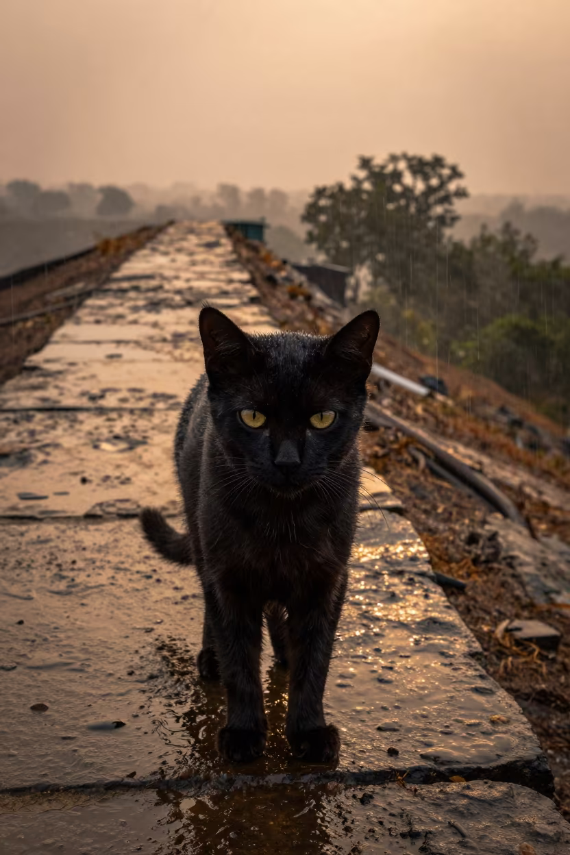 Black Cat on Wind-Scoured Ridge at Golden Hour in on a wind-scoured ridge near Indore