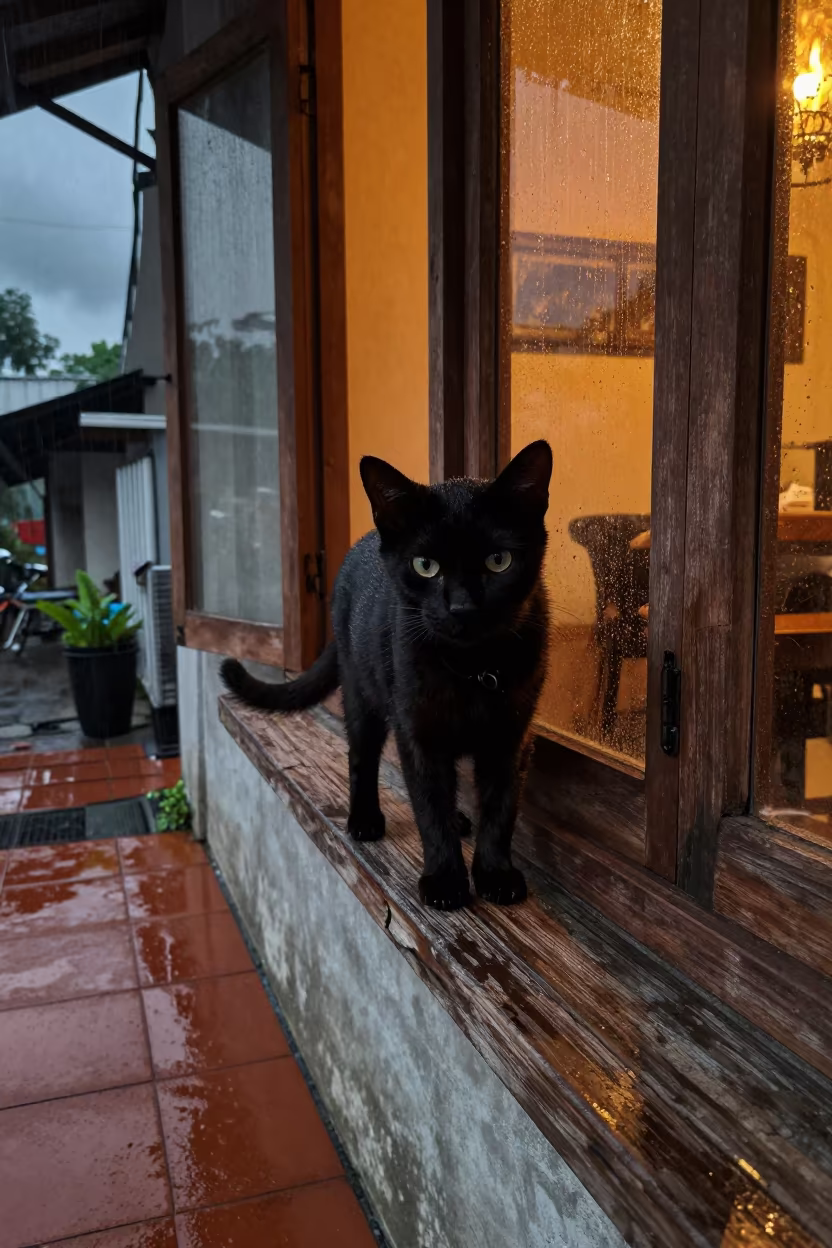 Black Cat on Windowsill Jakarta Evening in near Jakarta