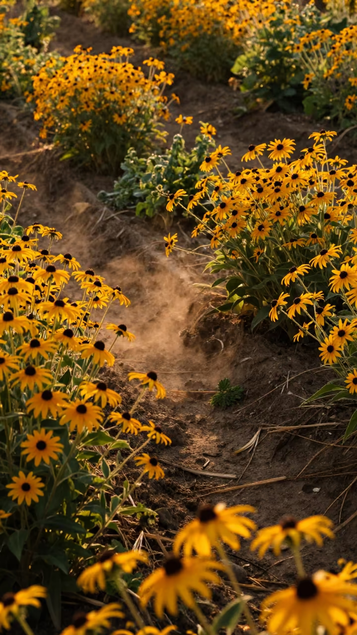 Black-Eyed Susans Glow in Terraced Polish Garden at Sunset in among terraced garden plots near Bydgoszcz