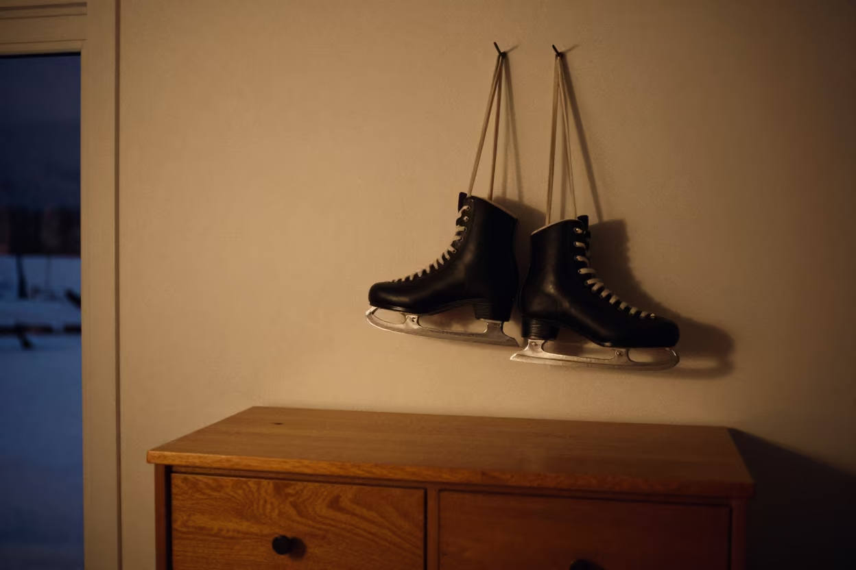 Black Ice Skates on Nail in Kiruna Room in on a hotel dresser near Kiruna