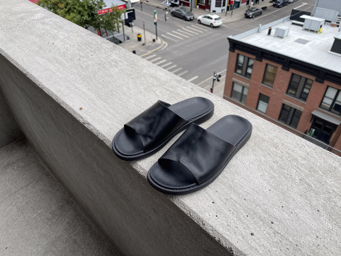 Black Leather Slippers in Montreal in in Montreal, Canada
