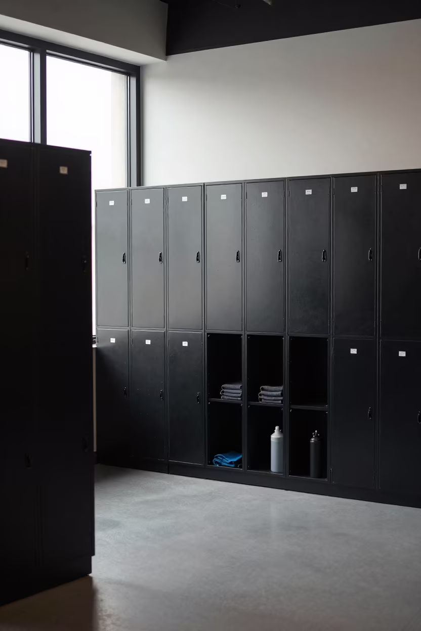 Black Locker Cubby Wall Seoul Gym Midday in inside a strength room in Seoul