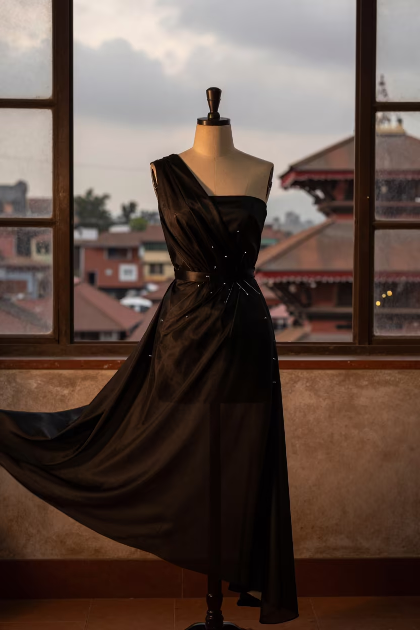 Black Muslin Dress Form in Lalitpur Atelier in inside a couture atelier in Lalitpur