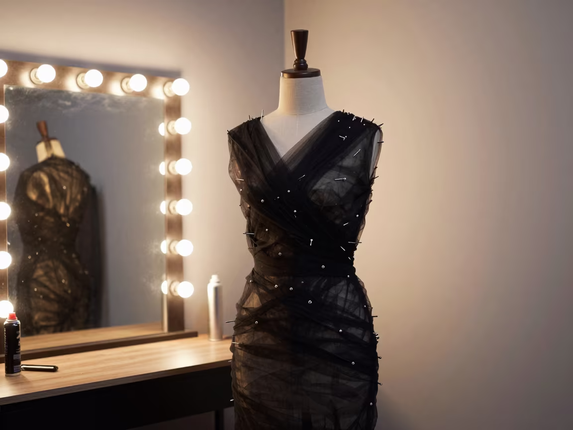 Black Muslin Dress Form with Silver Pins in beside a mirror lined with makeup bulbs in Lodhi Colony, Delhi