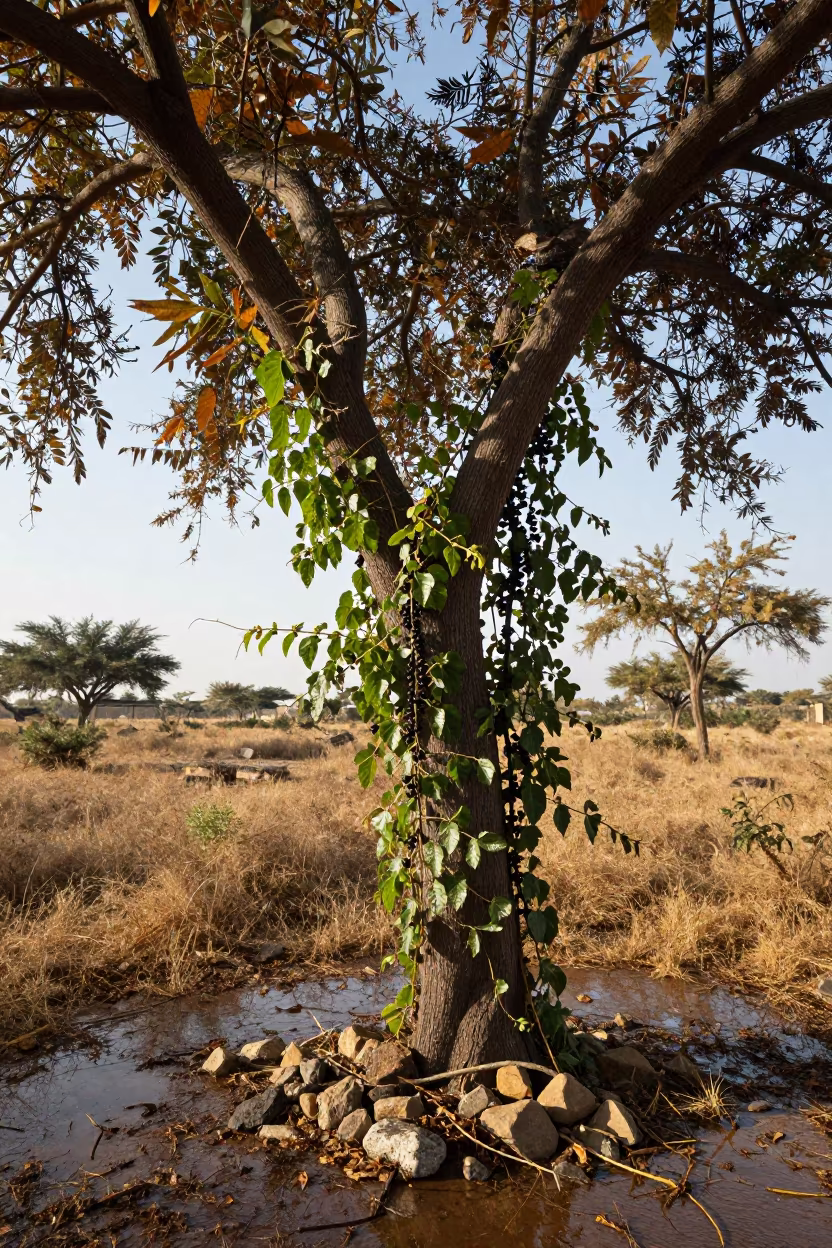 Black Pepper Vine Climbing Tree in Saudi Meadow in in a bloom-heavy meadow in Saudi Arabia