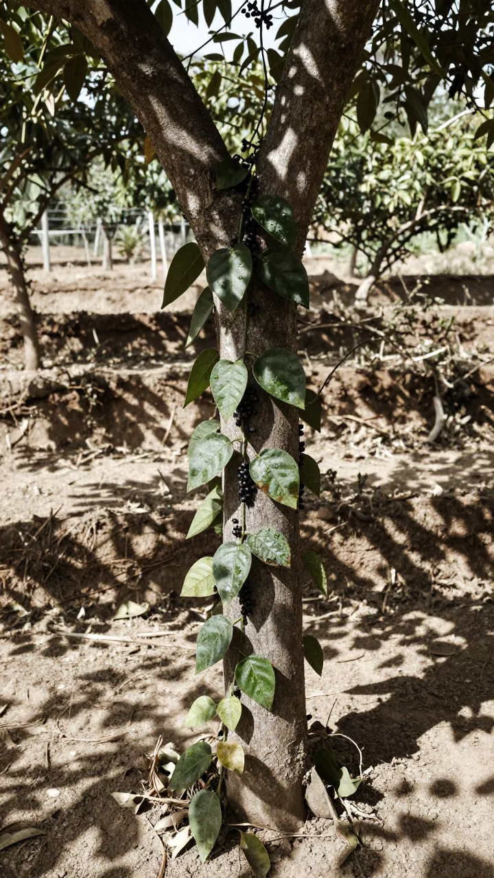 Black Pepper Vine Climbing Tree in Terraced Garden in among terraced garden plots near Coronel