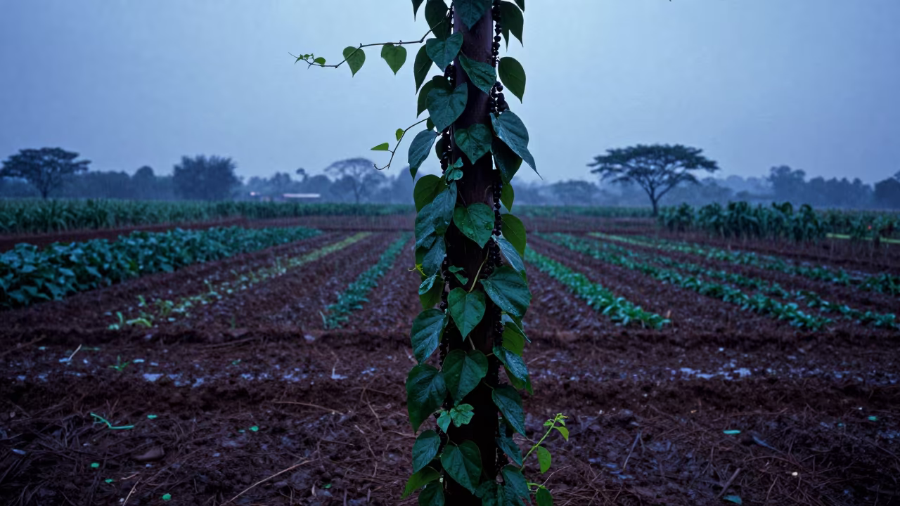 Black Pepper Vine Climbs Tree in Burkina Faso Rain in among terraced garden plots in Burkina Faso
