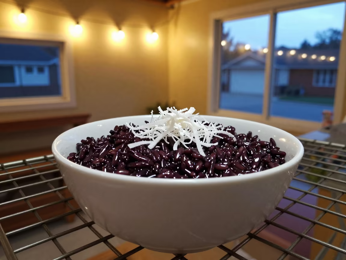 Black Rice Porridge Bowl String Light Glow in on a bakery cooling rack in Vaughan
